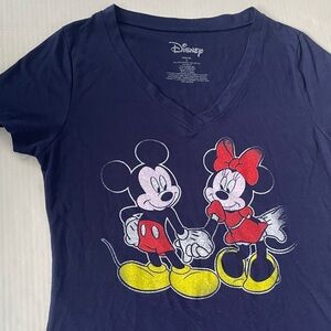 Disney Mickey and Minnie Navy Blue V-Neck Graphic T-Shirt Small